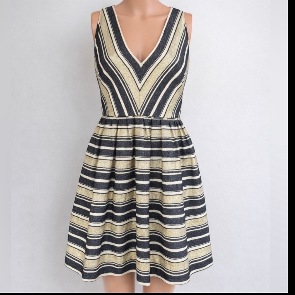 J Crew Navy Gold Metallic Fit Flare Dress Party V Neck Size 8